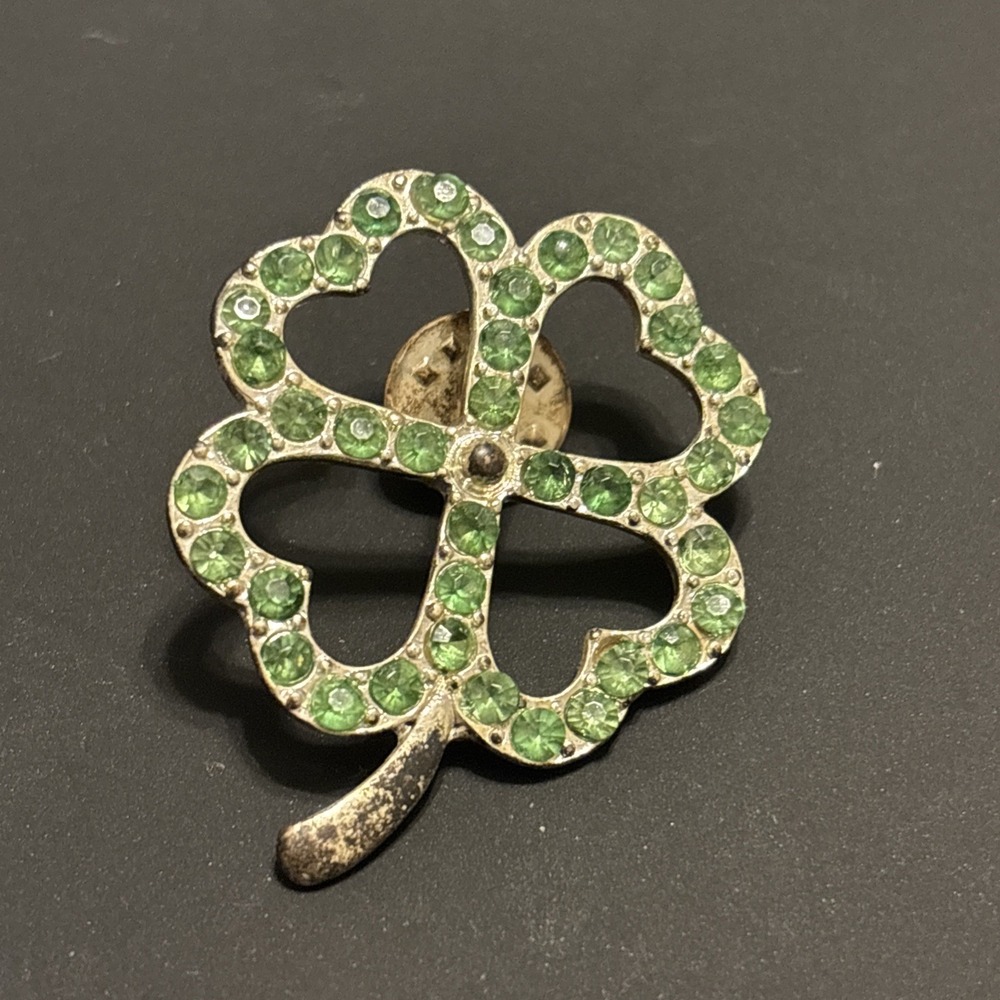 V intage Silver Tone Green Rhinestone Four Leaf Clover Shamrock Pin Brooch Lucky